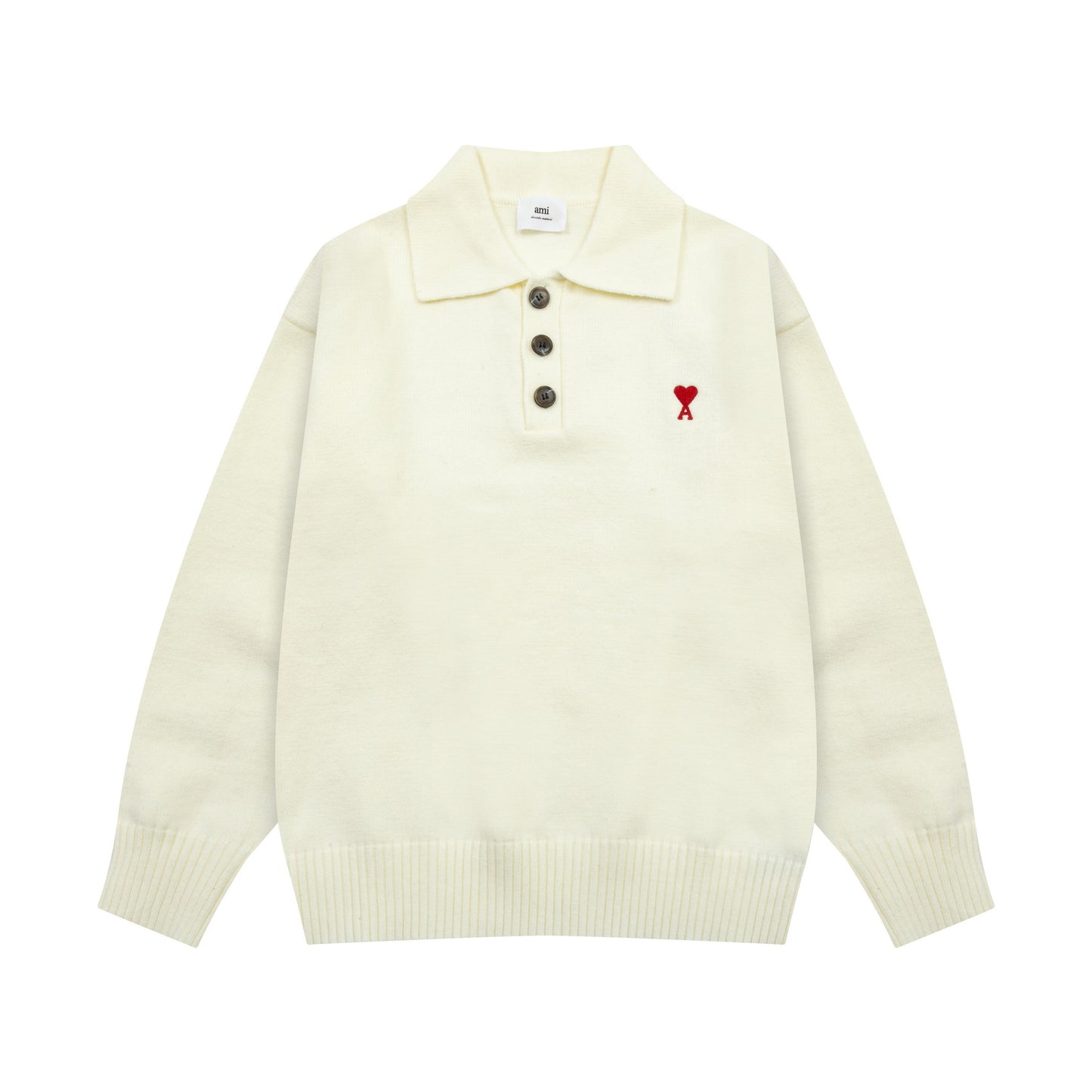 AMI Paris Heart Long Sleeve Knitted Polo 'White'
