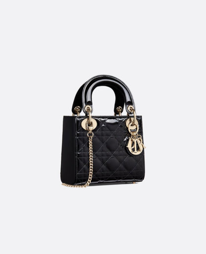 Christian Dior Mini Lady Dior Bag Black Cannage patent Gold Hardware