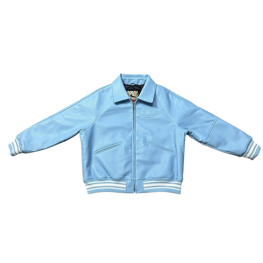 Baby Blue Corteiz Leather Bomber Jacket